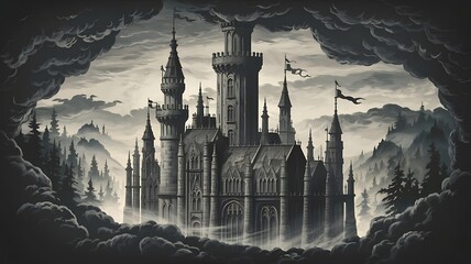 A dramatic grayscale illustration of a grand Gothic castle nestled amidst misty mountains and a dense forest.