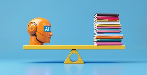 Orange AI robot head and colorful book stack balanced on a yellow seesaw, minimal style on blue background, concept of knowledge versus intelligence. Ai generative
