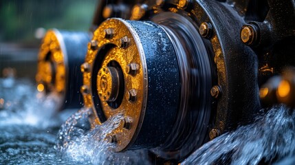 Water flowing through industrial machinery.  Close-up view of water turbines