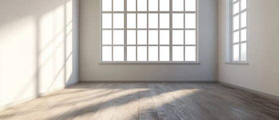 Sunlit Empty Room Interior with Large Windows and Wooden Floor Creating a Bright and Airy Ambiance for Design and Architecture
