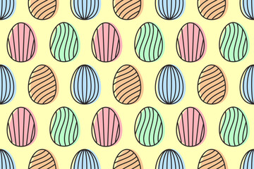 Seamless Easter pattern with hand-drawn pastel eggs on a light yellow background. Bright, cheerful design perfect for kids, gift wrap, and festive spring decorations