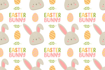 Seamless Easter pattern with cute bunny faces, striped eggs, green leaves and "Easter Bunny" text in soft pastel colors. Perfect for kids products, holiday decorations, and spring-themed designs