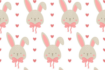 Seamless pattern with cute bunnies wearing pink bows and surrounded by hearts. Perfect for Easter, Valentine's Day, nursery decor, and children's designs