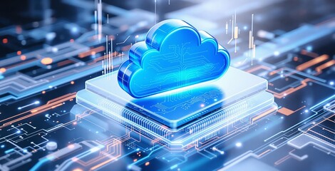 Glowing blue cloud symbolizing cloud computing over digital chip, futuristic graphic style on cyber background, concept of tech innovation and connectivity, Ai generative
