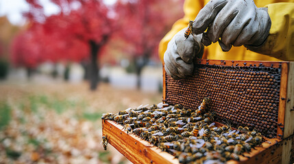 Beekeeper Inspecting Honeycomb Frame Outdoors in Autumn