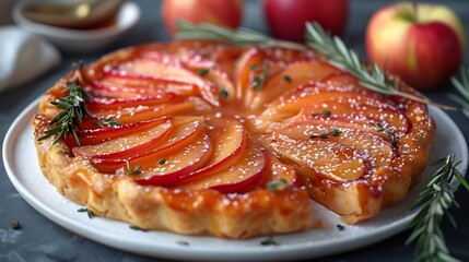 French tarte tatin caramelized upside down apple tart sliced served on white ceramic
