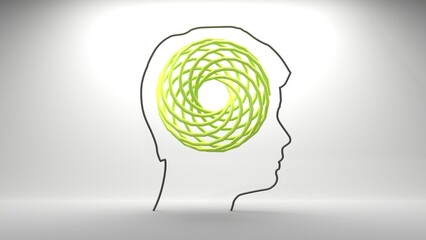 Personal growth and development. A man head in profile with a tangled ball of nerves. Business and education concept. Metaphor of problem solving, chaos and mess, difficult situation. 3D render