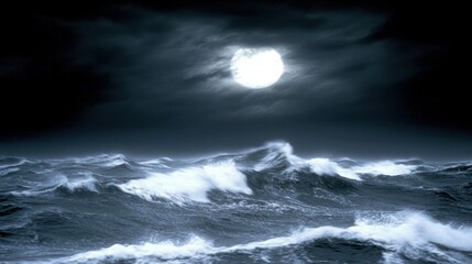 Stormy night at sea under a full moon