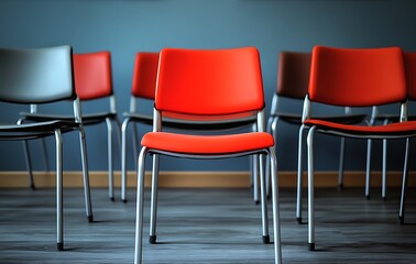 Red Chair Among Gray and Brown Chairs in a Modern Office Setting