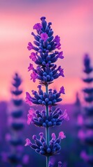 Obraz premium Captivating Lavender Bloom Against a Soft Pink Sunset Sky in a Serene Field a Floral Beauty and Tranquil Scene Captured with a Low Angle