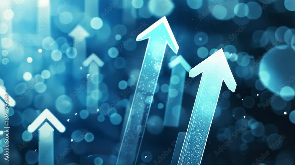 Poster abstract upward arrows in blue symbolize growth and progress, set against vibrant background of boke