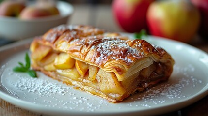 German apfelstrudel apple strudel slice dusted sugar served on a clean white plate