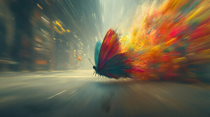 A colorful butterfly transforming into a burst of vibrant colors