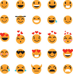 Fototapeta premium vector style design of funny collection of emoji with smile, heart, tongue, sunglasses and tear. Vector large set of illustration of happy fun yellow color emoticon with different emotion.. emoji icon