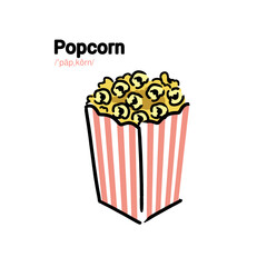 Cartoon Popcorn Box Illustration with Kawaii Style and Phonetics