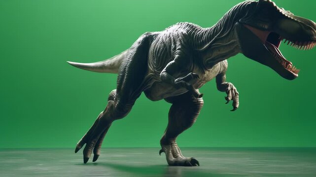 Massive giganotosaurus dinosaur running across green screen background, delivering seamless prehistoric creature movement for professional visual effects and film production workflows