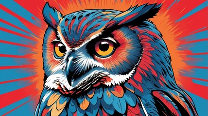 Fototapeta premium Psychedelic pop art owl with bright blue and red contrasting colors