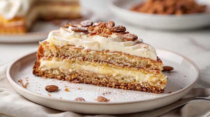 German bienenstich bee sting cake cream filling and almond topping slice plated on white background