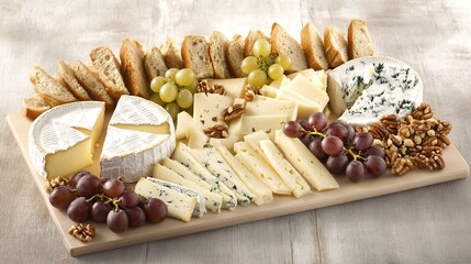 Platter of assorted French cheeses with grapes nuts and baguette slices