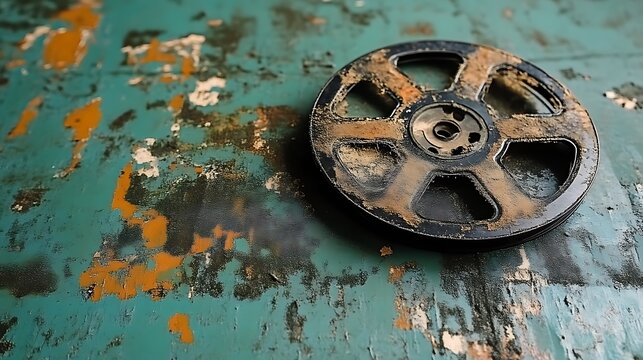 Dusty vintage film reel on grunge surface.