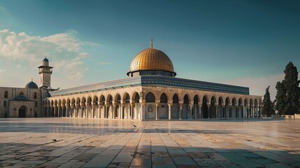 Naklejka premium Dome of the rock mosque Israa and Miraj, also known as Al-Isra wal Mi'raj, which depicts the Prophet Muhammad's nighttime ascent to heaven under a clear blue sky, Generative AI.