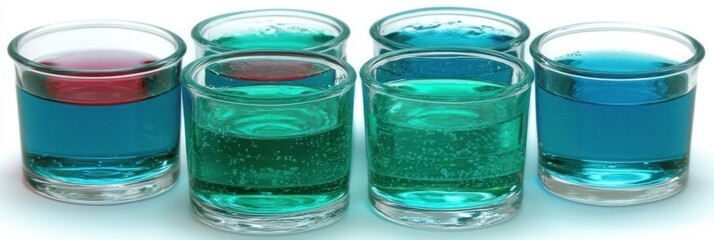 Colorful shot glasses filled with different colored drinks