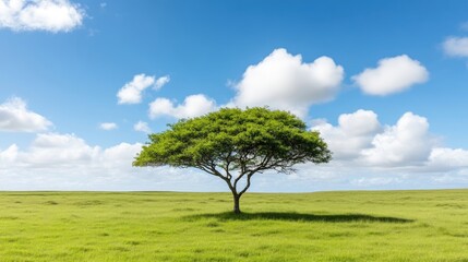 Obraz premium Solitary tree in a vast green field under a vibrant blue sky
