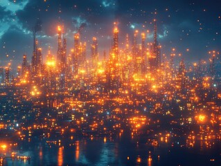 Naklejka premium Futuristic Cityscape: Night Lights Gleam on Towers and Buildings, Reflecting in Water