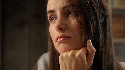 Close up face sad upset Caucasian woman female girl student teacher study learning library school...