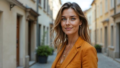 Portrait of a confident woman in yellow jacket, smiling in an outdoor urban setting. 