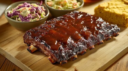 Rack of smoky barbecue ribs glazed with tangy sauce served with coleslaw and cornbread