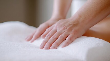 Gentle hands apply pressure on a white towel covering a body part during a massage session