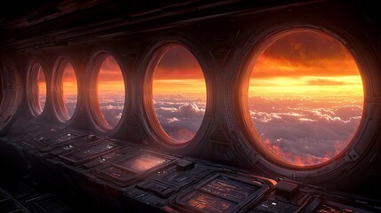 Obraz premium Crimson Skies: A breathtaking sunrise viewed from a spaceship's porthole, above a sea of clouds.