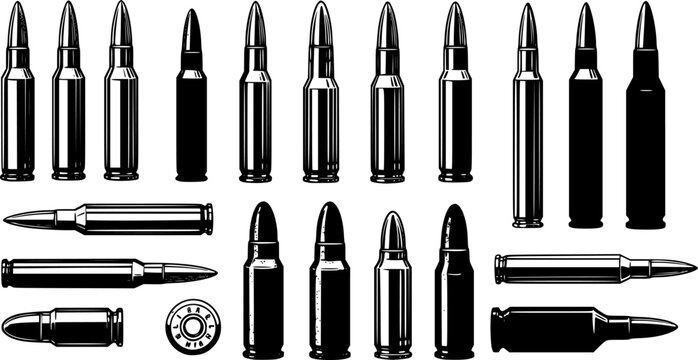 Set of Illustrations of bullets and cartridges in vintage monochrome style. Design element for logo, label, sign, emblem, poster. Vector illustration
