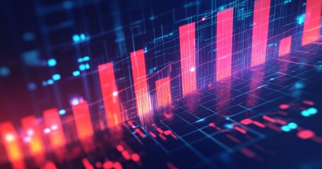 Data visualization of financial metrics. Dynamic graphic representation of increasing bar charts, connected by glowing lines and complex network, showcasing high performance