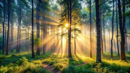 Obraz premium Serene forest at dawn with misty atmosphere and gentle sunlight filtering through trees, gentle light, serene environment