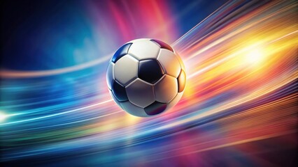 Naklejka premium Soccer ball spinning in mid-air as it's touched by an invisible hand, creating a blur of colors and movement , jumping touch, fast pace