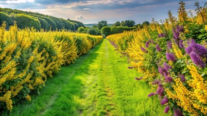 Naklejka premium Panoramic view of vibrant yellow and purple currant bushes growing in rows amidst a sea of lush green grass, currant seeds