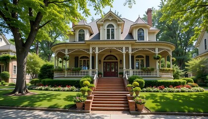 Fototapeta premium Victorian-style house, wrap-around porch, lush green trees, manicured lawn, colorful flower beds.