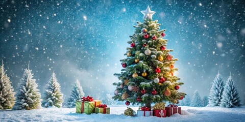 Obraz premium Christmas tree under snow with presents, trees, festive, trees, festive, presents, winter wonderland, holiday