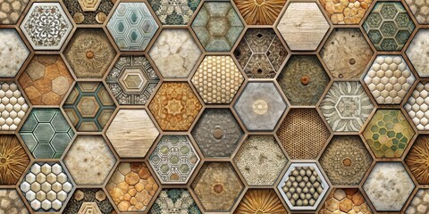 Intricate geometric patterns made up of hexagonal cells with varying shades and textures, mathematical
