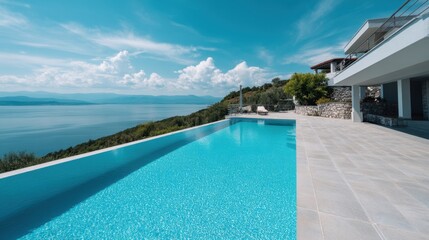 Serene infinity pool overlooking the tranquil sea beneath a bright sky with fluffy clouds idyllic landscape luxury villa