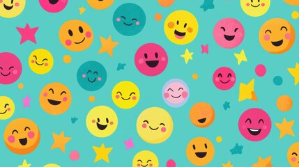 A cheerful seamless pattern featu colorful smiling faces and stars on a teal background perfect for kids fabric or wrapping paper design.