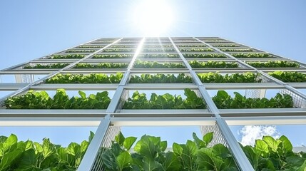 Vertical farm facade with lush greenery
