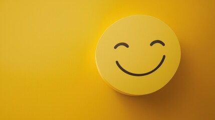 Fototapeta premium A cheerful yellow emoticon smiles broadly against a vibrant yellow background perfect for positive social media content or website design.