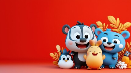 Adorable cartoon animals badger bear penguin rabbit pose together on red background perfect for children's book illustrations or cute greeting cards.