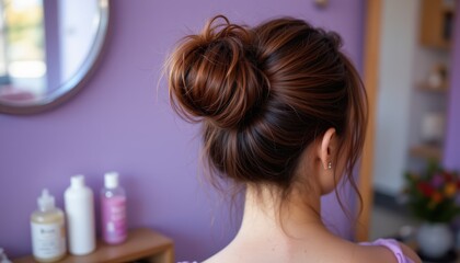Fototapeta premium A stylish bun hairstyle displayed against a purple background.