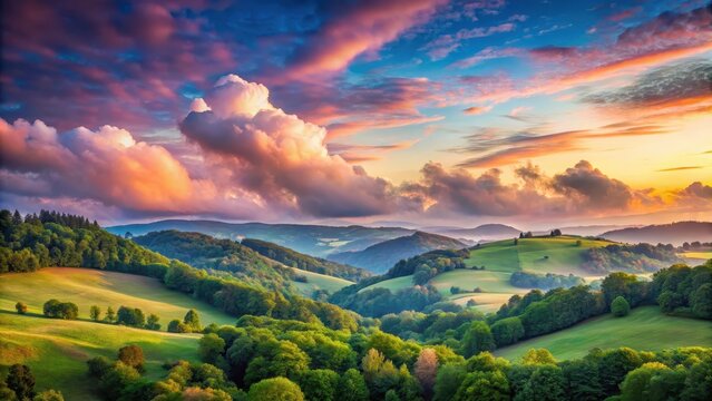 Softly lit landscape with gentle pastel pink and blue clouds drifting lazily across a serene sky, set against a backdrop of lush greenery and rolling hills , gentle hues, serene