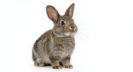 Fototapeta premium Adorable brown bunny rabbit sitting upright looking curious on white backdrop