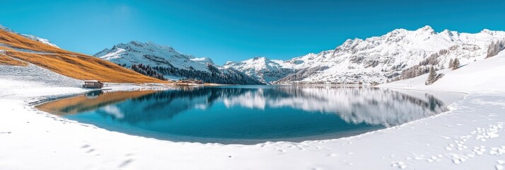 Majestic winter lake nestled in the Alps